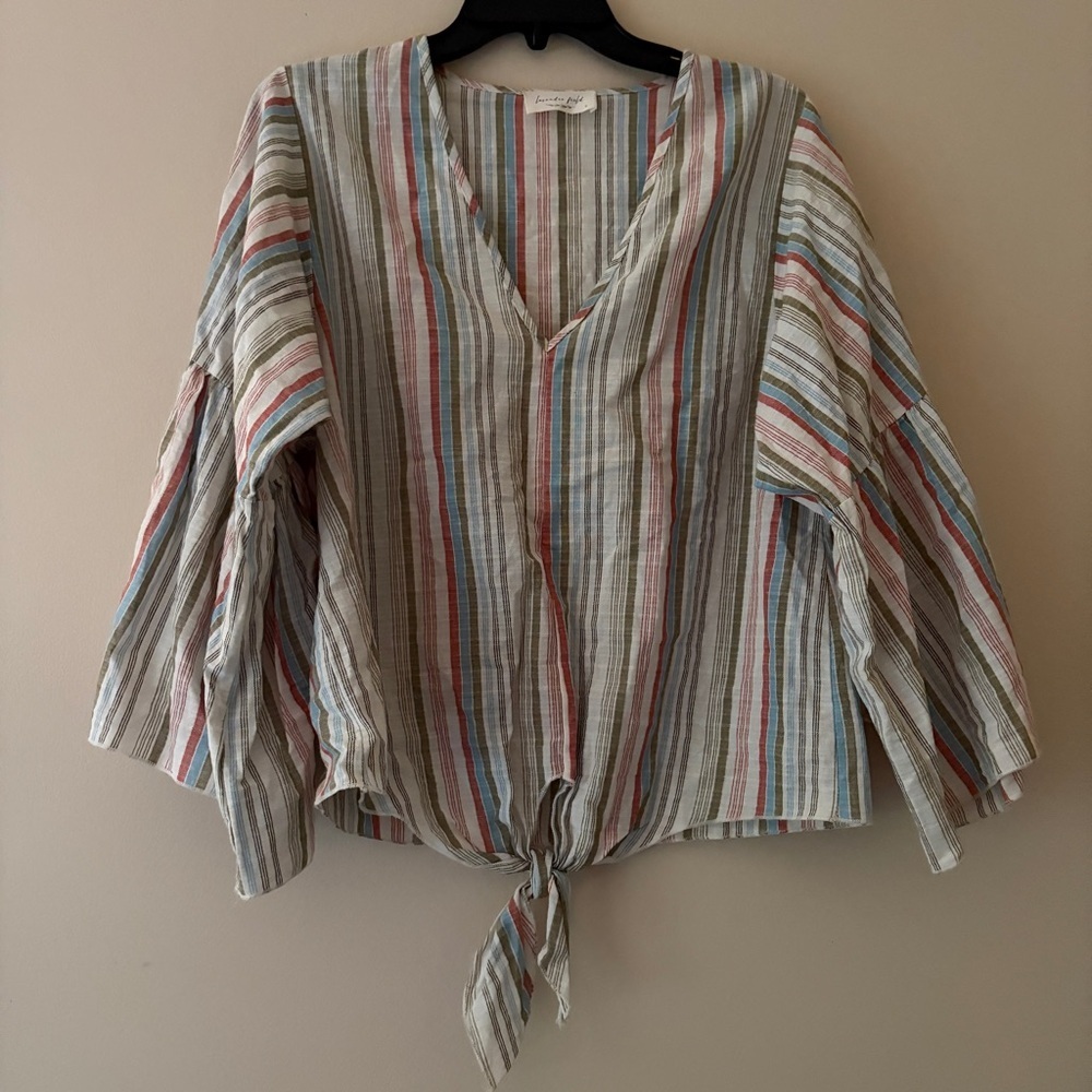 Lavender Field Striped Tie Front Blouse Small Boho Wide Sleeve Crop Top